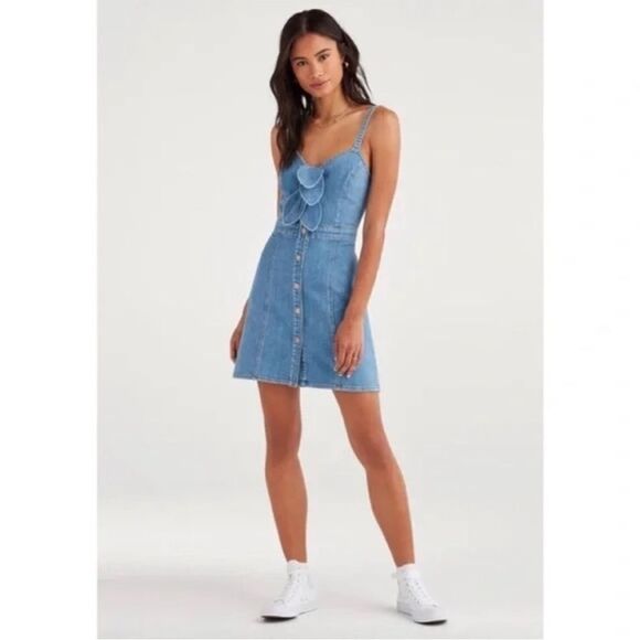 7 For All Mankind Blue Bow Button Front Denim Dress Contemporary Festival - Picture 3 of 16